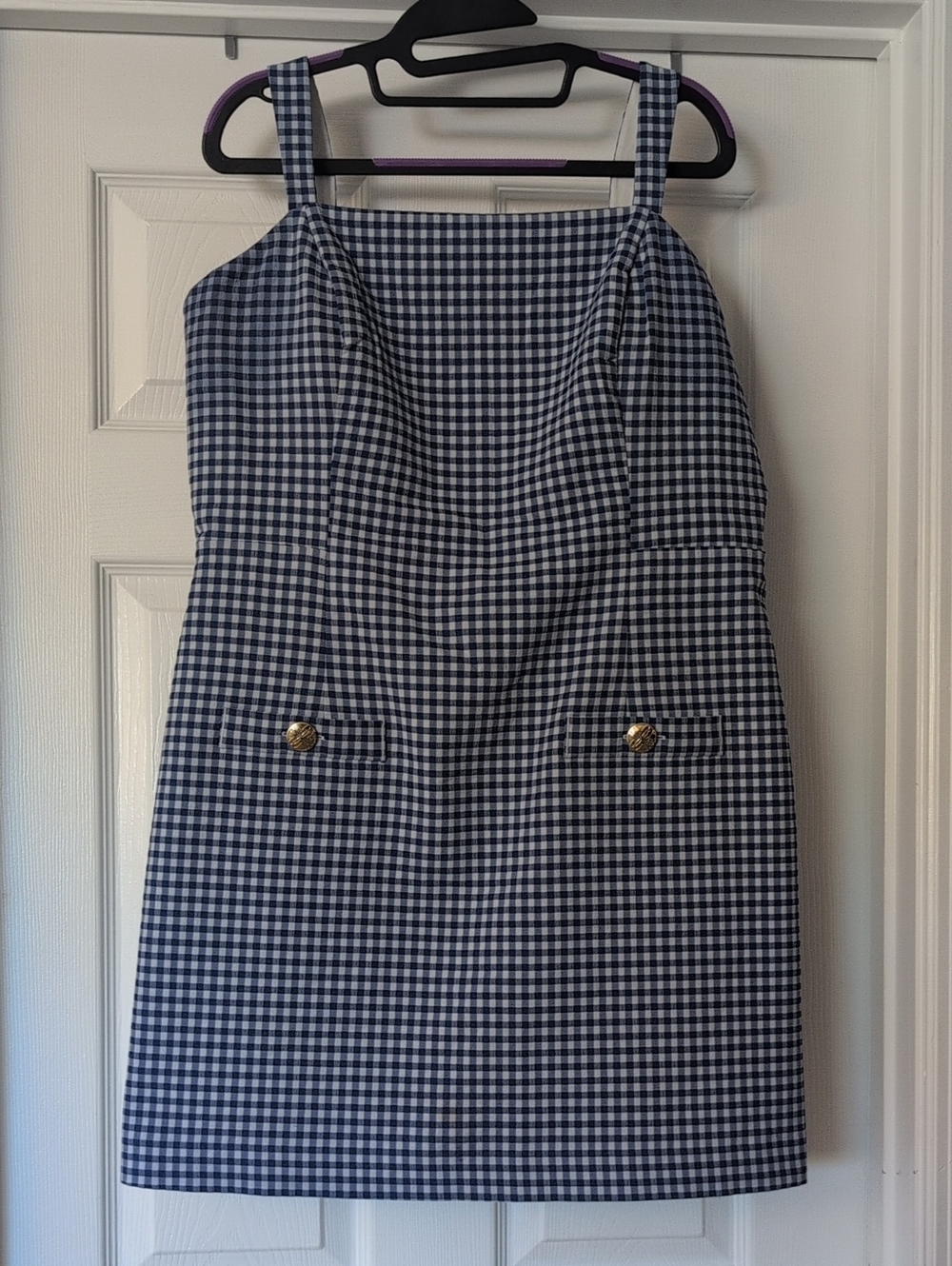 Gingham Square-Neck Mini Dress in Navy and White